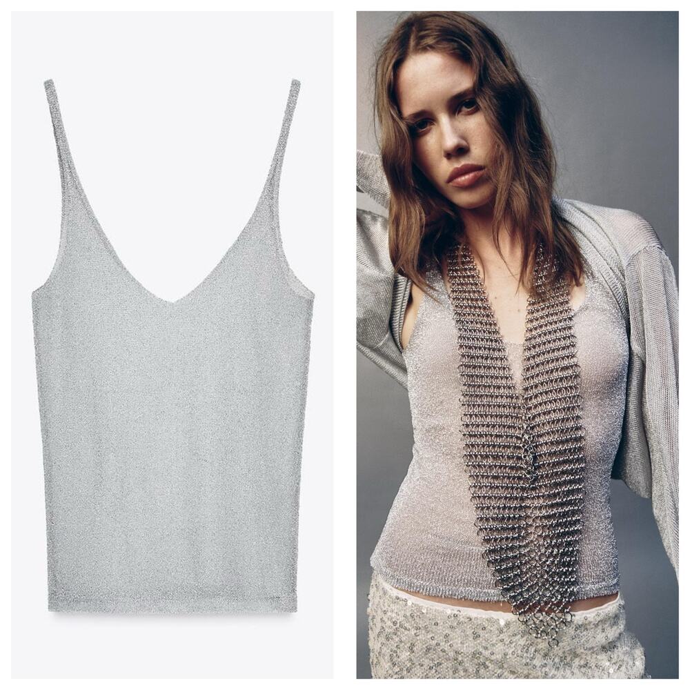 NWT Zara Silver Metallic Knit Semi Sheer Tank Top Size Medium 5644/443